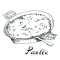 Typical traditional spanish dish paella. Hand drawn black ink illustration on white background