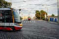 Typical tram street of Prague in Czech Republic.