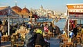 Typical turkish riverside cafes, skyline of galata district background in springtime