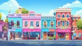 Typical urban street landscape with small shops, cafes, restaurants and bakeries in the background of a cartoon modern. Royalty Free Stock Photo