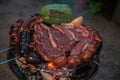 Typical Uruguayan and Argentine Asado Cooked on fire. Entrana and Vacio meat cuts. Accompanied with Chorizo Royalty Free Stock Photo