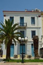 Typical White Building With Blue Sales In Nafplio. Architecture, Travel, Landscapes, Cruises.