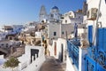 View of a blue domed church in the village of Pyrgos in Santorini, Greece Royalty Free Stock Photo