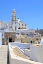 View of a blue domed church in the village of Pyrgos in Santorini, Greece Royalty Free Stock Photo