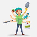 The typical woman that has a lots of chores to do Multitasking mother. Modern woman - with baby, working, cooking and make a shopp