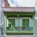 Typical wooden balcony of colonial Spanish style residential house in historic center of Havana,Cuba Royalty Free Stock Photo