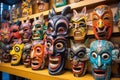 Typical wooden masks in Kathmandu in Nepal. The masks are traditionally worn at the Mani Rimdu festival to drive out Royalty Free Stock Photo