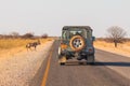 Typical 4x4 car in Namibia, Oryx antelope by the road. Etosha National Park, Namibia Royalty Free Stock Photo