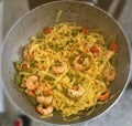Tagliatelle with prawns, asparagus and cherry tomatoes