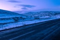 Typically winter view at dawn from The Ring Road Route 1 of Northeast of Iceland, near Egilsstadir
