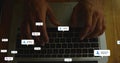 Typing bare forearms on laptop keyboard and touchpad at home desk, showing alerts, numeric badges Royalty Free Stock Photo