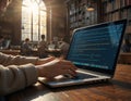 Typing Code on Laptop in Library Study Setting Learning Concept Royalty Free Stock Photo