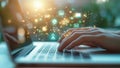 Typing on a High Tech Futuristic Computer Keyboard With an Overlay of Holographic Icons (E-Mail, Internet, Wi-Fi, 5G)