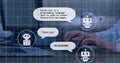 Typing on keyboard, person interacting with AI chatbots and programming code