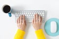 Typing on keyboard. Top view white office table Royalty Free Stock Photo