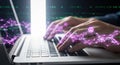 Typing on laptop with digital network connectivity representing data transfer and technology Royalty Free Stock Photo