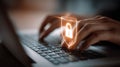 Typing on laptop with digital security shield icon Royalty Free Stock Photo
