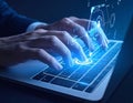 Typing on a laptop with futuristic glowing interface overlay Royalty Free Stock Photo