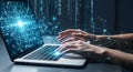 Typing on a laptop with glowing digital network and binary code, representing big data Royalty Free Stock Photo