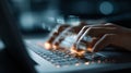Typing on laptop keyboard for coding and programming with blurred code overlay for software development Royalty Free Stock Photo