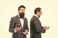 Typing quick message. mature men. Agile business. partnership of men speaking on phone. bearded businessmen in formal