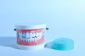 Typodont teeth and floss on color background Royalty Free Stock Photo