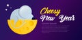 Typographic banner Cheesy New Year. cartoon rat on the moon made of tasty cheese on a blue background