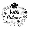Typographic banner with phrase Hello Autumn in black abstract ornament and maple leaves