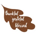 Typographic banner with text thankfull, grateful, blessed decorated hand drawn acorn and oak leaf on white