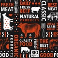 Typographic butchery seamless pattern. Graphical bull and cow silhouette, hand drawn vintage illustrations. Retro styled