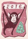 Typographic Christmas greeting card design with monkey. Grunge vector illustration. Royalty Free Stock Photo