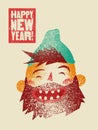 Typographic Grunge Vintage Christmas Card Design With Cartoon Laughing Bearded Man. Retro Vector Illustration.