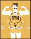 Typographic Gym vintage grunge poster design with strong man. Retro vector illustration.