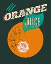 Typographic retro grunge orange juice poster with grunge label for 100% natural product. Vector illustration. Royalty Free Stock Photo