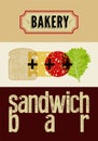 Typographic retro grunge poster for bakery and sandwich bar. Bread, cheese, sausage and salad. Vector illustration. Eps10.