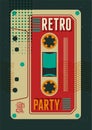 Typographic Retro Party poster design with an audio cassette. Vintage vector illustration.