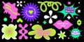 Typographic stickers set with Distorted geometric shapes and y2k quotes. Design elements with typography and neon fluid