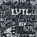 Typographic style seamless repeat pattern. Hand lettered text in black and white, hand drawn word love. Greeting card