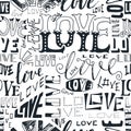 Typographic style seamless repeat pattern. Hand lettered text in black and white, hand drawn word love. Greeting card