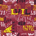 Typographic style seamless repeat pattern. Hand lettered text in black, white and red, hand drawn word love. Greeting