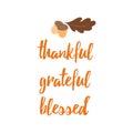 Typographic vector phrase thankful, grateful, blessed decorated hand drane acorn and oak leaf on white