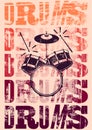 Typographical drums vintage style poster. Retro grunge vector illustration. Royalty Free Stock Photo