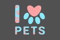 I love pets blue text with pink dog or cat paw prints. Typography with animal foot print. Pink heart inside domestic animal paw Royalty Free Stock Photo