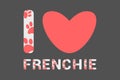 Isolated I love frenchie text with pink dog paw prints. Typography with animal foot print. Red heart