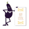 Typography banner Bay local with smiling eggplant on white