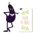 Typography banner Farm to table with smiling eggplant on white