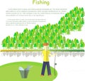 Typography banner Fishing, Lorem ipsum. Fishing with a fishing rod, a bucket of fish, river, forest on white
