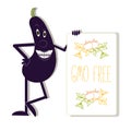 Typography banner GMO free with smiling eggplant