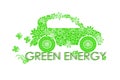 Typography banner Green energy, green stylized flowers doodle car on white