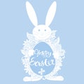 Typography banner Happy Eastern, blue egg and white Easter bunny on blue